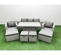 Fimous 10 Pcs Rising Dining Table Set Rattan Furniture Set With 3 Seater Sofa Chair 2 Footstools 2 Small Footstools 2 Side Tables