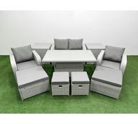 Fimous 10 PCs Rising Dining Table Set Reclining Chair Inclining Love Sofa Seat 2 Big Footstool 2 Small Stool 2 Side Table Light Grey