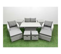 Fimous 10 Pcs Rising Dining Table Set Reclining Chair Inclining Love Sofa Seat 2 Big Footstool 2 Small Stool 2 Side Table