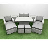 Fimous 10 Pcs Rising Dining Table Set Reclining Chair Inclining Love Sofa Seat 2 Big Footstool 2 Small Stool 2 Side Table