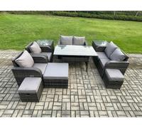 Fimous 10-Piece Dark Grey Rattan Outdoor Lounge Set | Rectangular Table, Reclining Chairs, 3 Stools, 2 Side Tables