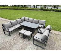 Fimous 10 Piece L-Shaped 11-Seater Aluminium Outdoor Dining Set With Adjustable Rising Lifting Dining Table 2 Small Stools