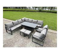 Fimous 10 Piece L-shaped Garden Furniture Set 11-Seater Aluminium Outdoor Dining Set with Adjustable Rising Lifting Dining Table 2 Chairs 2 Small Foot