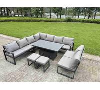 Fimous 10 Pieces Aluminium Garden Furniture Set With With Adjustable Rising Lifting Dining Table 2 Small Footstools Dark Grey
