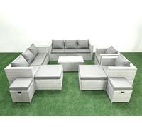 Fimous 10 Pieces Rattan Garden Furniture Set Outdoor Garden Sofa Chair Coffee Table Set 4 Stools Side Table Light Grey
