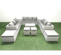 Fimous 10 Pieces Rattan Garden Furniture Set Outdoor Garden Sofa Coffee Table Set with 2 Side Tables 4 Footstools Light Grey Mixed