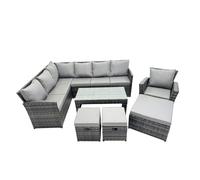 Fimous 11 Seat Poly Rattan Outdoor Patio Oblong Coffee Table Corner Sofa Set With 3 Stool Chair For Backyard Dark Grey Mixed