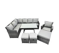 Fimous 10 Seat Poly Rattan Outdoor Patio Oblong Dining Table Corner Sofa Set with 3 Stool Chair for Garden Backyard Dark Grey Mixed