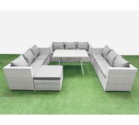 Fimous 10 Seat Outdoor Patio Pe Rattan Garden Furniture With Cushions 3 Seater Sofa Big Stool Light Grey