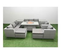 Fimous 10 Seater Rattan Outdoor Garden Furniture Set with Fire Pit Dining Table, 2 Sofas, 2 Side Tables, 2 Chairs & 2 Footstools - Light Grey