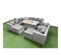 Fimous 10 Seater Rattan Outdoor Garden Furniture Set with Fire Pit Dining Table, 2 Sofas, 2 Chairs, 1 Side Table & 2 Footstools - Light Grey