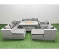 Fimous 10 Seat PE Rattan Lounge Sofa Set Outdoor Garden Furniture Set with Firepit Dining Table 3 Seater Sofa 2 Big Footstool Light Grey