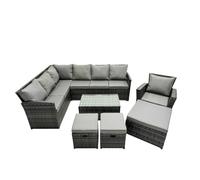 Fimous 10 Seat Poly Rattan Outdoor Patio Coffee Table Corner Sofa Set with 3 Stools Chair for Garden Backyard Dark Grey Mixed