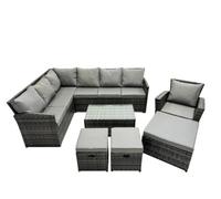 Fimous 10 Seat Poly Rattan Outdoor Patio Coffee Table Corner Sofa Set With 3 Stools Chair For Garden Backyard Dark Grey Mixed