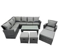 Fimous 10 Seat Poly Rattan Outdoor Patio Oblong Coffee Table Corner Sofa Sets with 3 Stool Chair for Garden Backyard Dark Grey Mixed