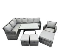 Fimous 10 Seat Poly Rattan Outdoor Patio Oblong Dining Table Corner Sofa Set With 3 Stool Chair For Backyard Dark Grey Mixed