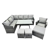 Fimous 10 Seat Poly Rattan Outdoor Patio Oblong Dining Table Corner Sofa Set with 3 Stool Chair for Garden Backyard Dark Grey Mixed