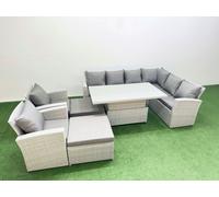 Fimous 10 Seat Rattan Garden Furniture Corner Sofa Set Outdoor Adjustable Lifting Dining or Coffee Table Set with Armchair Light Grey