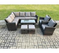 Fimous 10 Seat Rattan Garden Furniture Corner Sofa Set Outdoor Patio Sofa Chair Table Set With 2 Small Footstools Dark Grey
