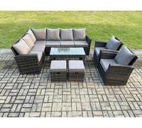 Fimous 10 Seat Rattan Garden Furniture Corner Sofa Set Outdoor Patio Sofa Chair Table Set With 2 Small Footstools Dark Grey