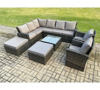 Fimous 10 Seat Rattan Garden Furniture Corner Sofa Set Outdoor Patio Sofa Table Set With 2 Big Footstool Dark Grey Mixed