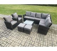 Fimous 10 Seat Rattan Garden Furniture Corner Sofa Set Outdoor Patio Sofa Table Set With 2 Small Footstools 2 Armchairs