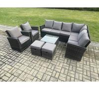 Fimous 10 Seat Rattan Garden Furniture Corner Sofa Set Outdoor Patio Sofa Table Set with 2 Small Footstools 2 Armchairs Dark Grey Mixed