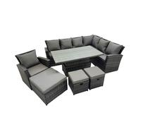 Fimous 10 Seater Rattan Garden Furniture Set with Corner Sofa, Adjustable Lifting Dining or Coffee Table & 3 Footstools - Dark Grey