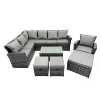 Fimous 10 Seat Rattan High Back Corner Sofa Set Patio Coffee Table Sets With 3 Stools Chair Dark Grey Mixed