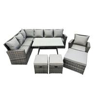 Fimous 10 Seat Rattan High Back Corner Sofa Set Patio Dining Table Set With 3 Footstool Dark Grey Mixed