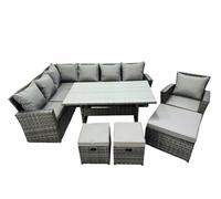 Fimous 10 Seat Rattan High Back Corner Sofa Set Patio Dining Table Set With 3 Stools Chair Dark Grey Mixed
