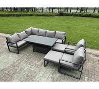 Fimous 10 Seater Aluminium Garden Furniture Outdoor Conversational Dining Set with Adjustable Rising Lifting Dining Table,2 Big Footstools Dark Grey