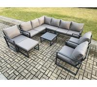Fimous 10 Seater Aluminium Garden Furniture Set Outdoor Lounge Corner Sofa 3 Pcs Chair Square Coffee Table Sets with Big Footstool Dark Grey