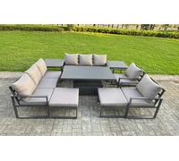 Fimous 10 Seater Aluminium Garden Furniture Set with Adjustable Rising Dining Table, 2 Chairs, 2 Footstools & 2 Side Tables - Grey