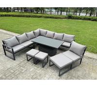 Fimous 10 Seater Aluminium Garden Furniture Set with Adjustable Rising Dining Table & 3 Footstools - Dark Grey