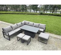 Fimous L-shaped Garden Furniture Set 10-Seater Aluminium Outdoor Dining Set with Adjustable Rising Lifting Dining Table 3 Footstools Dark Grey