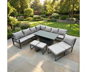 Fimous 10 Seater Aluminium Garden Furniture Set with Adjustable Rising Dining Table & 3 Footstools - Dark Grey