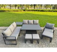 Fimous 10 Seater Aluminium Garden Furniture Set with Adjustable Rising Dining Table, 3 Footstools, Side Table - Dark Grey