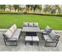 Fimous 7 Piece Garden Furniture Set 10-Seater Aluminium Outdoor Dining Set with Adjustable Rising Lifting Dining Table & Cushions Dark Grey