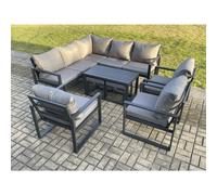Fimous 10 Seater Aluminium Outdoor Garden Furniture Set Patio Lounge Sofa with Oblong Coffee Table Chair 2 Small Footstools Dark Grey