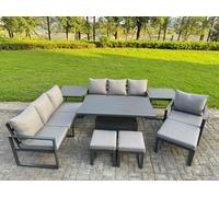Fimous 10 Seater Aluminium Outdoor Garden Furniture Set with Adjustable Rising Dining Table, 2 Sofas, 3 Footstools, 2 Side Tables & 1 Chair - Grey