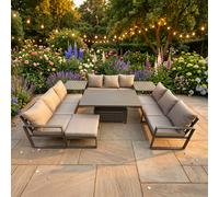 Fimous 10 Seater Aluminium Outdoor Garden Furniture Set with Adjustable Rising Dining Table, 3 Sofas, 2 Side Tables & Footstool - Grey