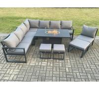 Fimous 10 Seater Aluminium Outdoor Garden Furniture Set with Gas Fire Pit Dining Table, Corner Sofa & 3 Footstools - Grey