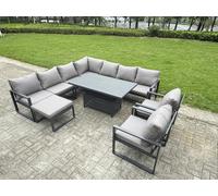 Fimous 10 Seater Aluminium Sofa Set 9 Pieces Outdoor Garden Furniture - Rising Dining Table with Cushions Big Footstool 2 Chair Footstool Dark Grey