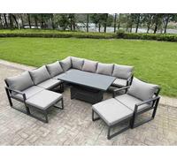 Fimous 10 Seater Aluminium Sofa Set 9 Pieces Outdoor Garden Furniture - Rising Dining Table with Cushions 2 Big Footstools Dark Grey