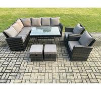 Fimous 10-Seater Dark Grey Rattan High Back Corner Sofa Dining Set | Armchairs, 2 Footstools | Left Corner