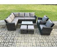 Fimous 10-Seater Dark Grey Rattan High Back Corner Sofa Set | Rectangular Coffee Table, 2 Armchairs, 2 Footstools