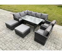 Fimous 10-Seater Dark Grey Rattan Outdoor Corner Sofa Set | Rectangular Dining Table, 2 Armchairs, 2 Large Footstools