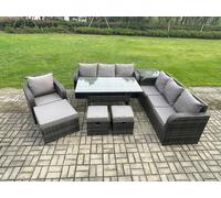 Fimous 10 Seater Outdoor Rattan Garden Furniture Set Dining Table And Chairs Set With 3 Seater Sofa 3Pc Footstools Side Table
