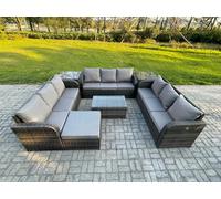 Fimous 10-Seater Dark Grey Rattan Outdoor Lounge Set | Rectangular Coffee Table, 3-Seater Sofa, 2 Side Tables, Large Footstool